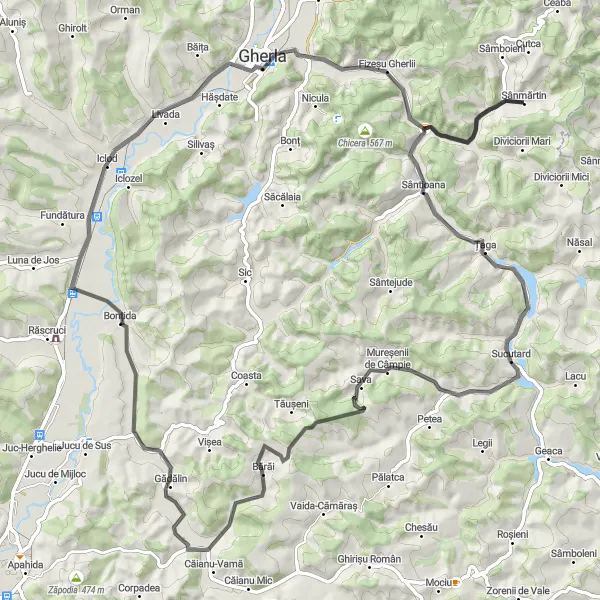 Map miniature of "Bonțida Countryside Tour" cycling inspiration in Nord-Vest, Romania. Generated by Tarmacs.app cycling route planner