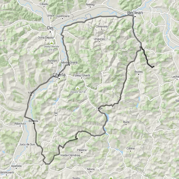 Map miniature of "Bonțida-Iclod-Petrești-Rusu de Jos-Enciu-Vița-Sucutard-Mureșenii de Câmpie-Bărăi-Gădălin" cycling inspiration in Nord-Vest, Romania. Generated by Tarmacs.app cycling route planner