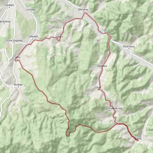 Map miniature of "Botiza Gravel Adventure" cycling inspiration in Nord-Vest, Romania. Generated by Tarmacs.app cycling route planner