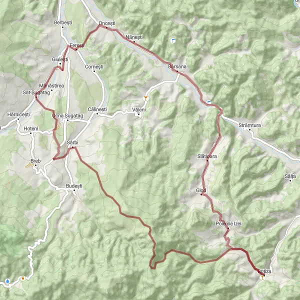 Map miniature of "Exploring the Surroundings of Botiza" cycling inspiration in Nord-Vest, Romania. Generated by Tarmacs.app cycling route planner