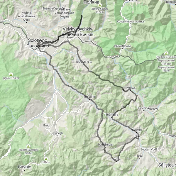Map miniature of "Izei and Iza Valleys" cycling inspiration in Nord-Vest, Romania. Generated by Tarmacs.app cycling route planner
