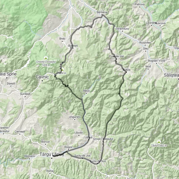 Map miniature of "Transylvanian Road Escapade" cycling inspiration in Nord-Vest, Romania. Generated by Tarmacs.app cycling route planner