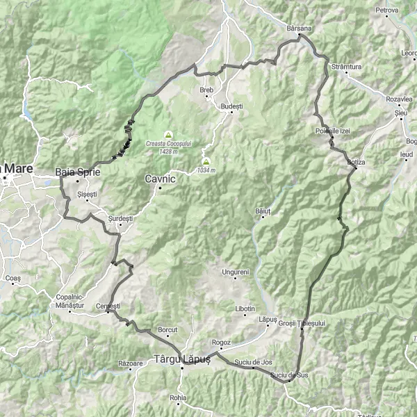 Map miniature of "Transylvanian Road Adventure" cycling inspiration in Nord-Vest, Romania. Generated by Tarmacs.app cycling route planner