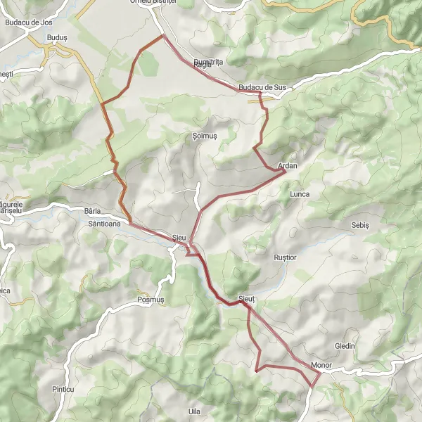 Map miniature of "Budacu de Sus - Șieuț - Șieu - Ragla" cycling inspiration in Nord-Vest, Romania. Generated by Tarmacs.app cycling route planner