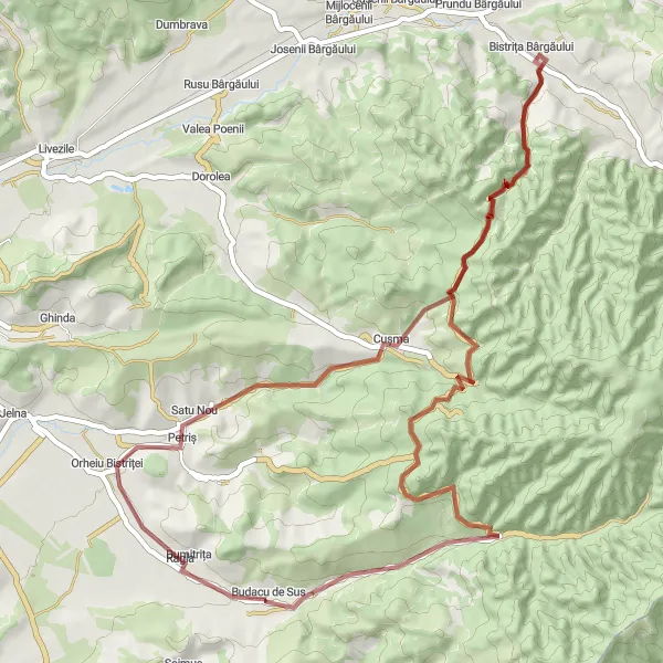 Map miniature of "Budacu de Sus to Bistrița Bârgăului Gravel Route" cycling inspiration in Nord-Vest, Romania. Generated by Tarmacs.app cycling route planner