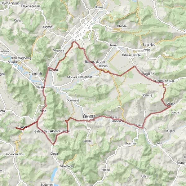 Map miniature of "Budacu de Sus to Ragla Gravel Route" cycling inspiration in Nord-Vest, Romania. Generated by Tarmacs.app cycling route planner