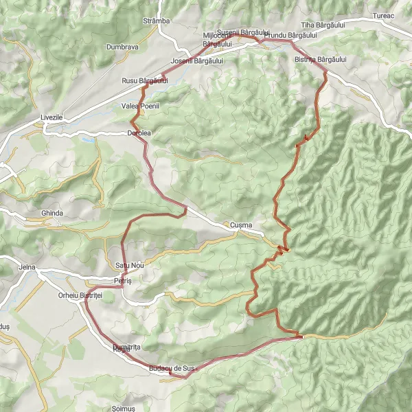 Map miniature of "Budacu de Sus to Prundu Bârgăului Gravel Route" cycling inspiration in Nord-Vest, Romania. Generated by Tarmacs.app cycling route planner