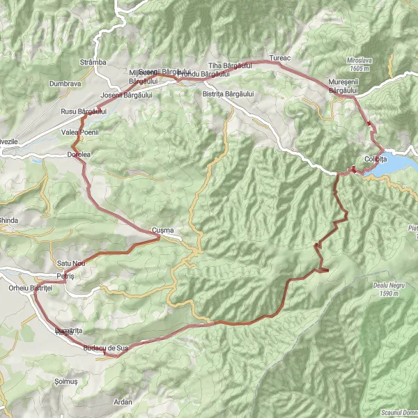 Map miniature of "Budacu de Sus - Satu Nou - Dorolea - Prundu Bârgăului - Colibița" cycling inspiration in Nord-Vest, Romania. Generated by Tarmacs.app cycling route planner