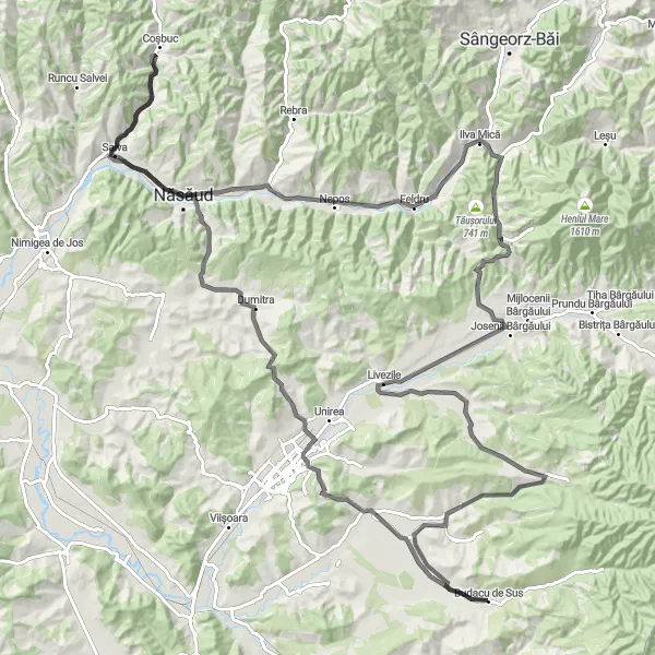 Map miniature of "Budacu de Sus - Jelna - Cepari - Salva - Năsăud - Feldru - Rusu Bârgăului - Dorolea - Petriș" cycling inspiration in Nord-Vest, Romania. Generated by Tarmacs.app cycling route planner