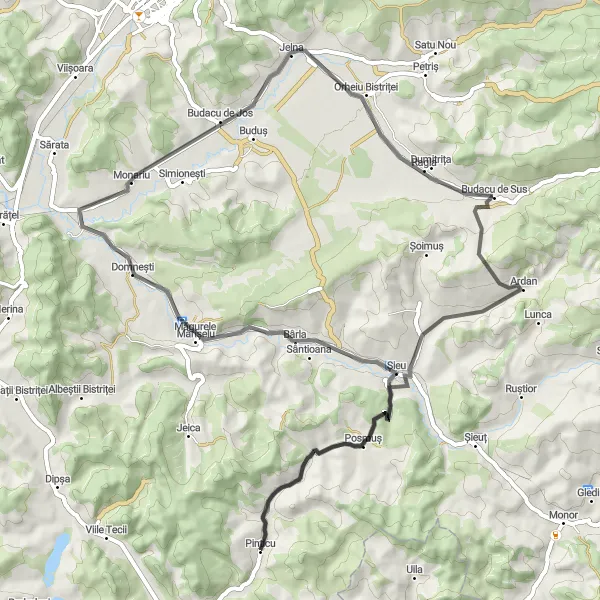 Map miniature of "Budacu de Sus - Pinticu - Șieu - Măgurele - Monariu - Jelna - Ragla" cycling inspiration in Nord-Vest, Romania. Generated by Tarmacs.app cycling route planner