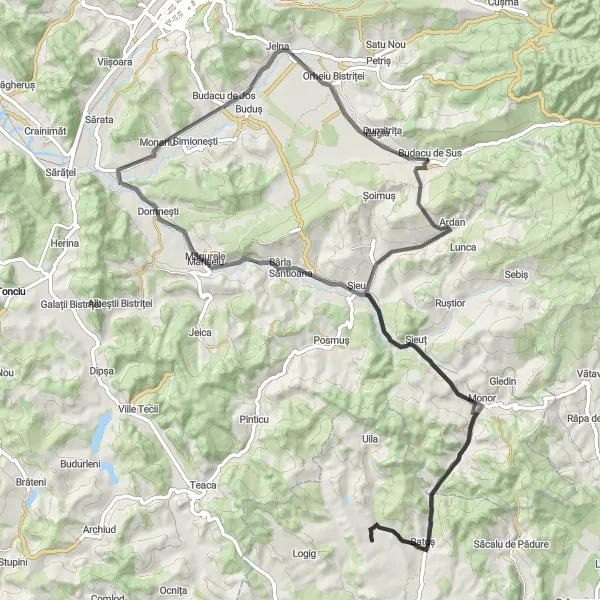 Map miniature of "Budacu de Sus - Șieuț - Batoș - Șieu - Măgurele - Monariu - Jelna - Ragla" cycling inspiration in Nord-Vest, Romania. Generated by Tarmacs.app cycling route planner
