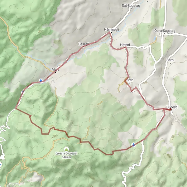 Map miniature of "Creasta Cocoșului Adventure" cycling inspiration in Nord-Vest, Romania. Generated by Tarmacs.app cycling route planner