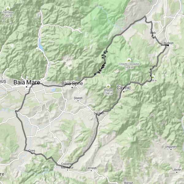 Map miniature of "Scenic Road Cycling Route in Budești" cycling inspiration in Nord-Vest, Romania. Generated by Tarmacs.app cycling route planner