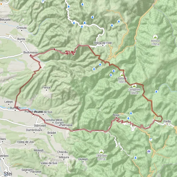 Map miniature of "Nature's Delight: Budureasa Gravel Adventure" cycling inspiration in Nord-Vest, Romania. Generated by Tarmacs.app cycling route planner