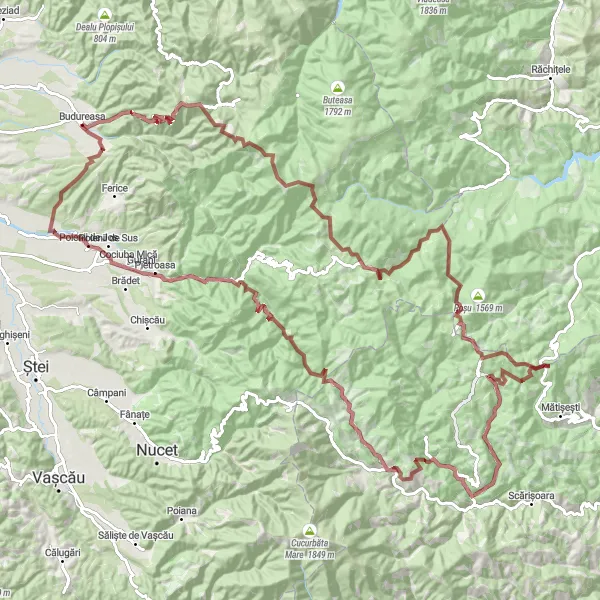 Map miniature of "Budureasa Gravel Odyssey" cycling inspiration in Nord-Vest, Romania. Generated by Tarmacs.app cycling route planner