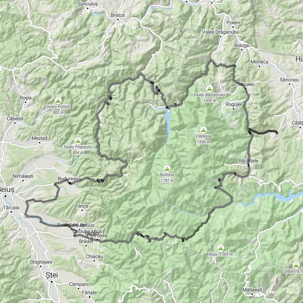 Map miniature of "Rural Beauty: Budureasa Loop" cycling inspiration in Nord-Vest, Romania. Generated by Tarmacs.app cycling route planner