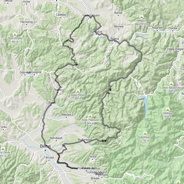 Map miniature of "Mountainous Adventure in Budureasa" cycling inspiration in Nord-Vest, Romania. Generated by Tarmacs.app cycling route planner