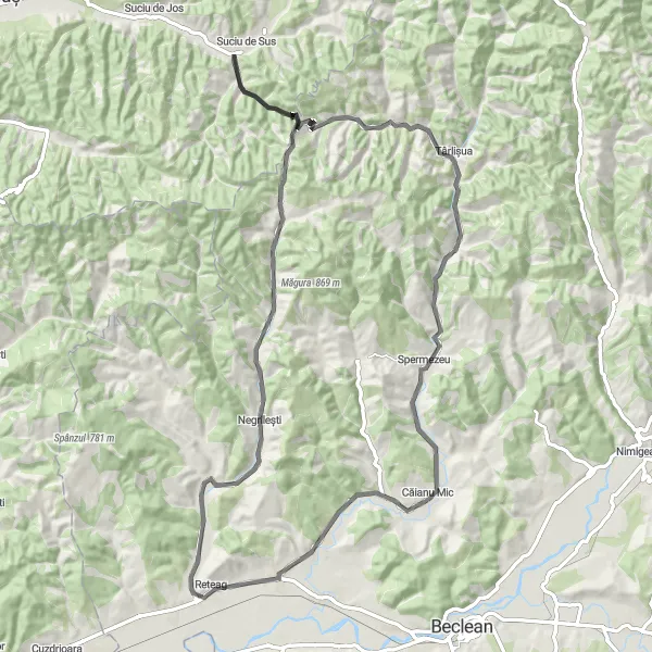 Map miniature of "Road Cycling Route: Căianu Mic - Ilișua - Ciceu-Giurgești - Dealul Șpanului - Agrieșel - Spermezeu" cycling inspiration in Nord-Vest, Romania. Generated by Tarmacs.app cycling route planner