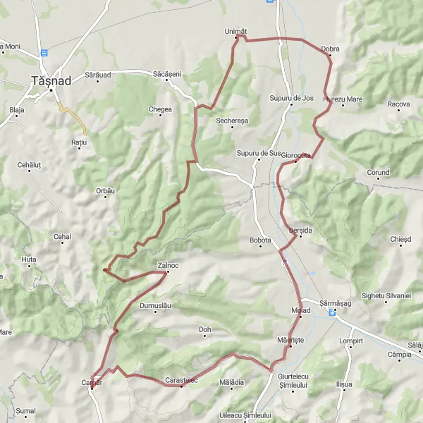Map miniature of "Zalnoc and Carastelec Gravel Adventure" cycling inspiration in Nord-Vest, Romania. Generated by Tarmacs.app cycling route planner