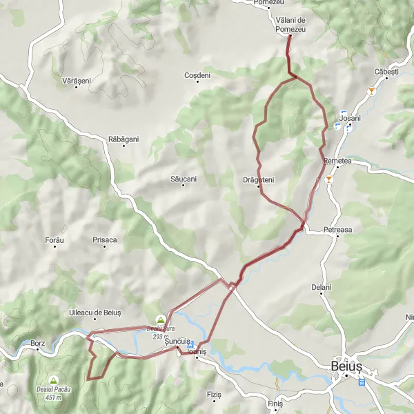 Map miniature of "Câmpani de Pomezeu - Drăgoteni Gravel Loop" cycling inspiration in Nord-Vest, Romania. Generated by Tarmacs.app cycling route planner