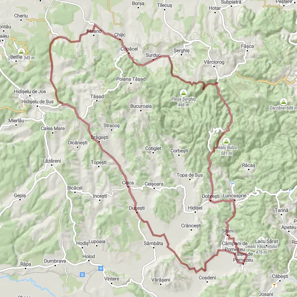 Map miniature of "Dușești Loop Gravel Ride" cycling inspiration in Nord-Vest, Romania. Generated by Tarmacs.app cycling route planner