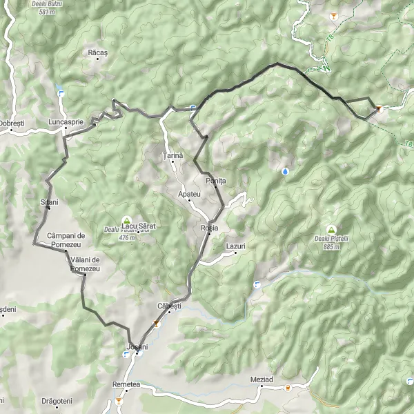 Map miniature of "Câmpani de Pomezeu - Luncasprie Scenic Road Ride" cycling inspiration in Nord-Vest, Romania. Generated by Tarmacs.app cycling route planner