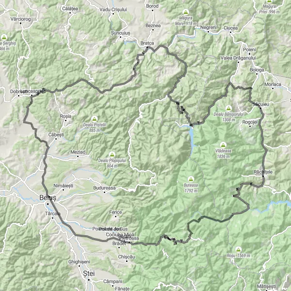 Map miniature of "Câmpani de Pomezeu - Varfu Scrind Epic Road Ride" cycling inspiration in Nord-Vest, Romania. Generated by Tarmacs.app cycling route planner