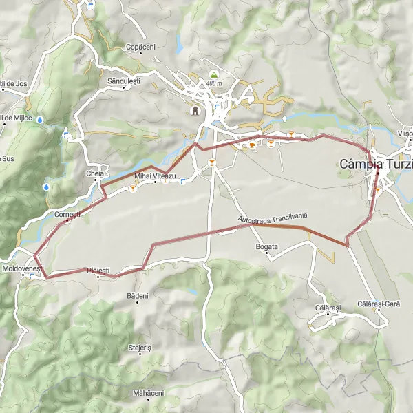Map miniature of "Câmpia Turzii - Plăiești - Cornești - Mihai Viteazu Gravel Route" cycling inspiration in Nord-Vest, Romania. Generated by Tarmacs.app cycling route planner