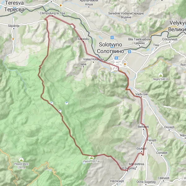 Map miniature of "Rural Gravel Escape: Câmpulung la Tisa Loop" cycling inspiration in Nord-Vest, Romania. Generated by Tarmacs.app cycling route planner