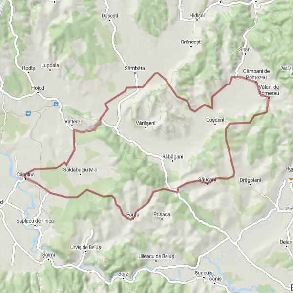 Map miniature of "The Săucani Escape Gravel Route" cycling inspiration in Nord-Vest, Romania. Generated by Tarmacs.app cycling route planner