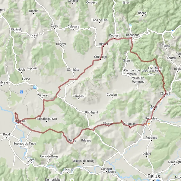 Map miniature of "The Blidii Hill Gravel Adventure" cycling inspiration in Nord-Vest, Romania. Generated by Tarmacs.app cycling route planner