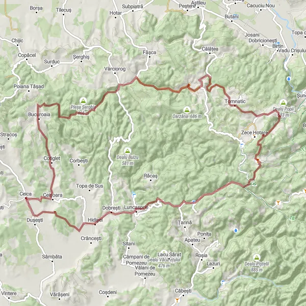 Map miniature of "Ceica to Dușești Gravel Adventure" cycling inspiration in Nord-Vest, Romania. Generated by Tarmacs.app cycling route planner