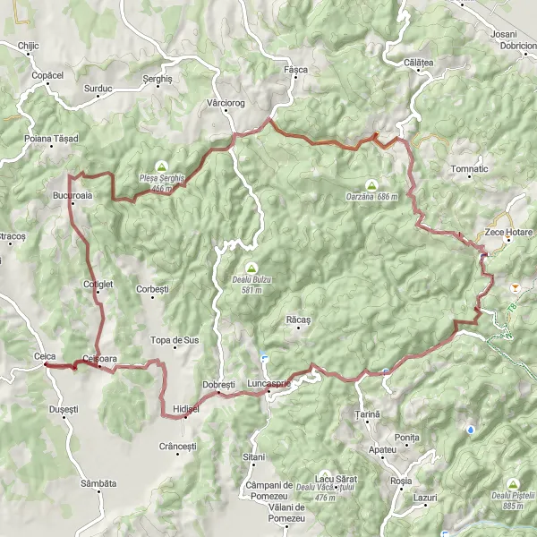 Map miniature of "Ceica to Ceișoara Gravel Challenge" cycling inspiration in Nord-Vest, Romania. Generated by Tarmacs.app cycling route planner