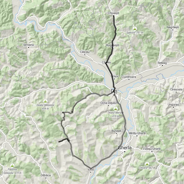 Map miniature of "Chiuiești to Jichișu de Jos" cycling inspiration in Nord-Vest, Romania. Generated by Tarmacs.app cycling route planner