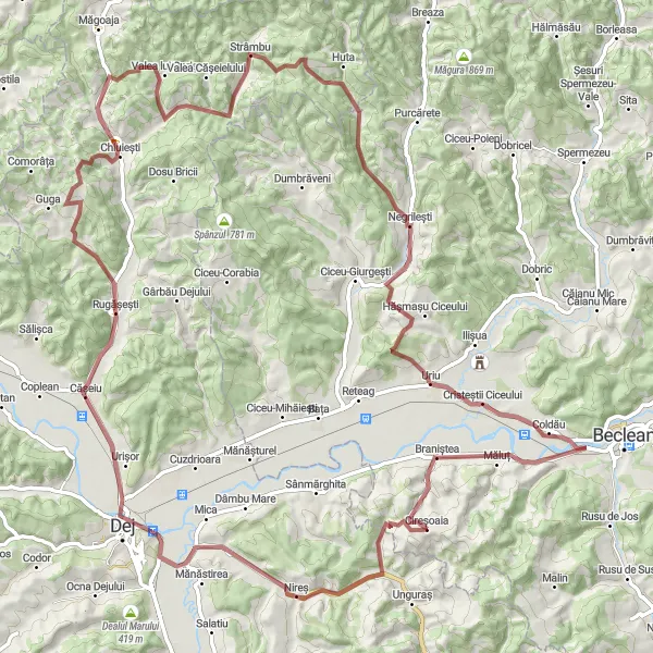 Map miniature of "Braniștea Loop" cycling inspiration in Nord-Vest, Romania. Generated by Tarmacs.app cycling route planner