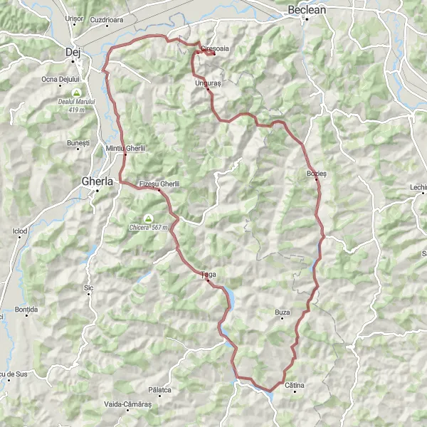 Map miniature of "Gravel Adventure with Stunning Nature" cycling inspiration in Nord-Vest, Romania. Generated by Tarmacs.app cycling route planner