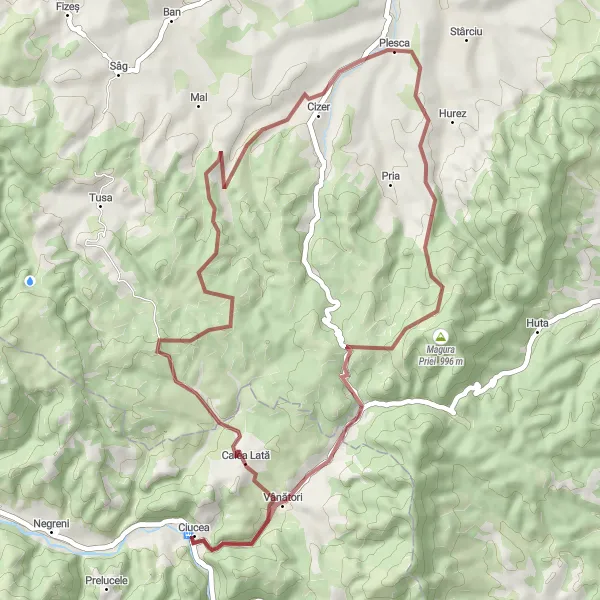 Map miniature of "Plesca Gravel Loop" cycling inspiration in Nord-Vest, Romania. Generated by Tarmacs.app cycling route planner
