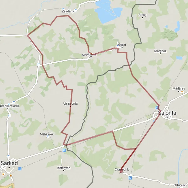 Map miniature of "Zsadány and Geszt Loop" cycling inspiration in Nord-Vest, Romania. Generated by Tarmacs.app cycling route planner