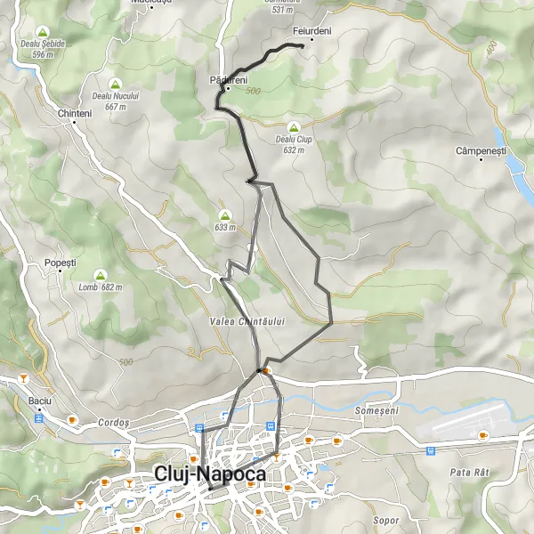 Map miniature of "Cluj-Napoca Locomotive Ride" cycling inspiration in Nord-Vest, Romania. Generated by Tarmacs.app cycling route planner