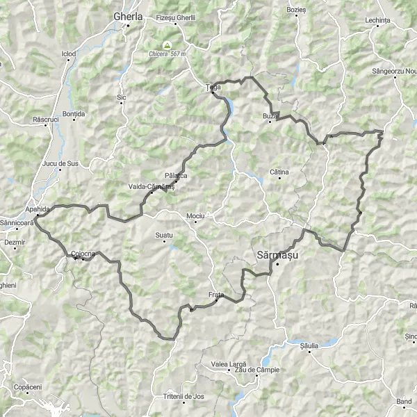 Map miniature of "A challenging ride through scenic Sucutard" cycling inspiration in Nord-Vest, Romania. Generated by Tarmacs.app cycling route planner