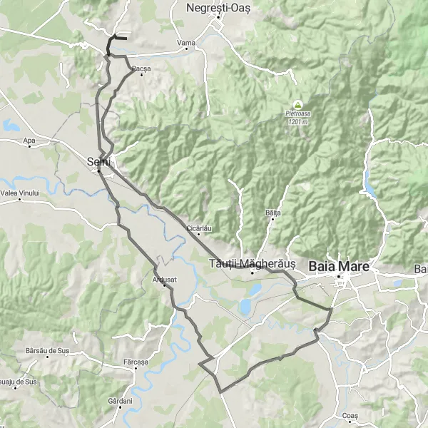 Map miniature of "Seini and Tăuții-Măgherăuș Road Cycling Route" cycling inspiration in Nord-Vest, Romania. Generated by Tarmacs.app cycling route planner