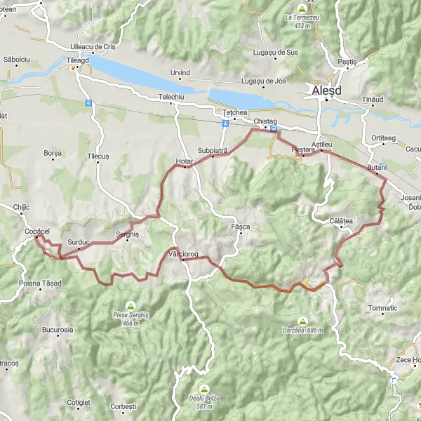 Map miniature of "Thrilling Gravel Adventure through Copăcel" cycling inspiration in Nord-Vest, Romania. Generated by Tarmacs.app cycling route planner