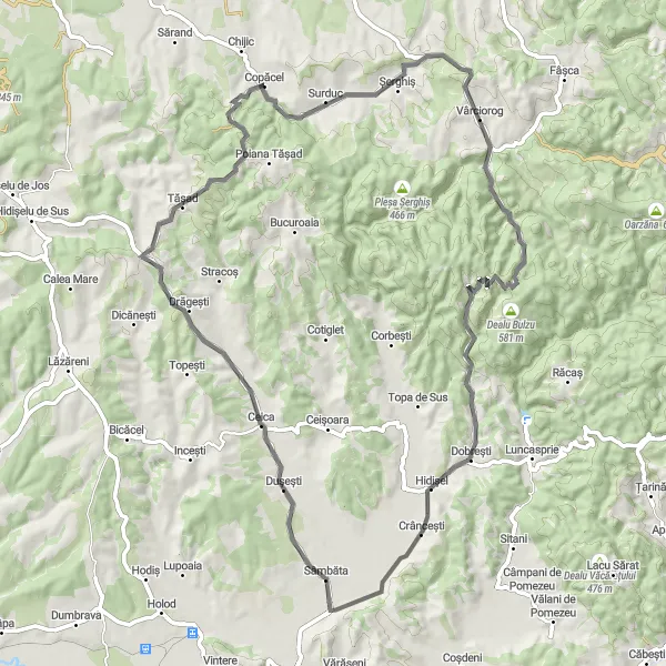 Map miniature of "Tășad Challenge" cycling inspiration in Nord-Vest, Romania. Generated by Tarmacs.app cycling route planner