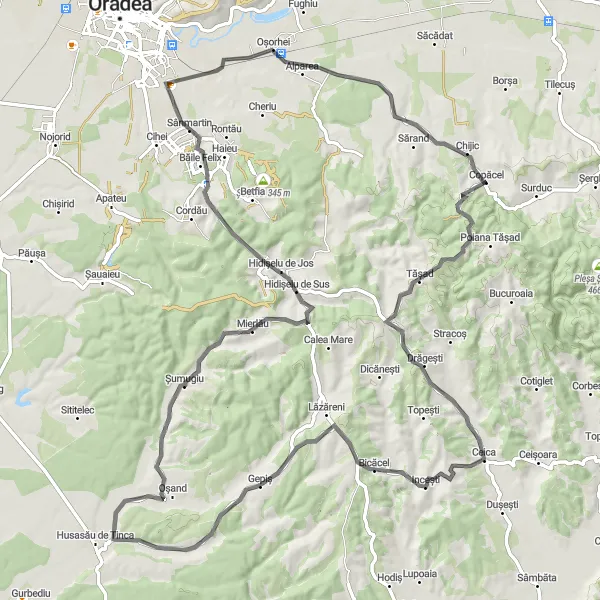 Map miniature of "The Serene Cycling Trail of Tășad" cycling inspiration in Nord-Vest, Romania. Generated by Tarmacs.app cycling route planner