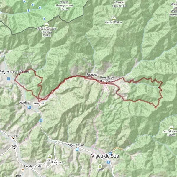 Map miniature of "Gravel Adventure: Repedea to Ruscova" cycling inspiration in Nord-Vest, Romania. Generated by Tarmacs.app cycling route planner