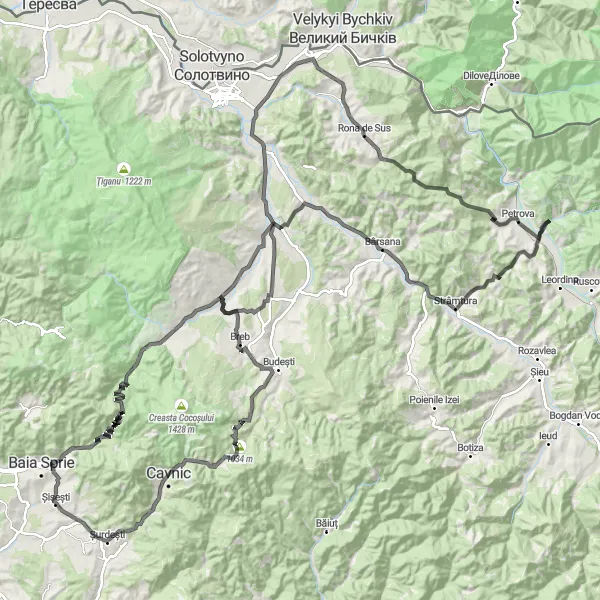 Map miniature of "Road Cycling Adventure from Crasna Vișeului" cycling inspiration in Nord-Vest, Romania. Generated by Tarmacs.app cycling route planner