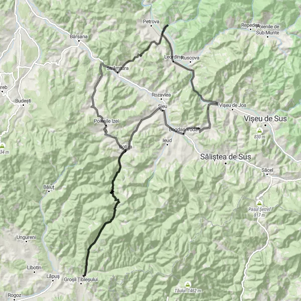 Map miniature of "Crasna Viselui Loop" cycling inspiration in Nord-Vest, Romania. Generated by Tarmacs.app cycling route planner