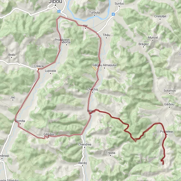 Map miniature of "Creaca Gravel Adventure" cycling inspiration in Nord-Vest, Romania. Generated by Tarmacs.app cycling route planner