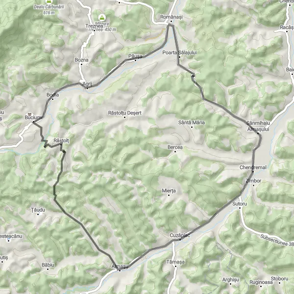 Map miniature of "Charming Countryside" cycling inspiration in Nord-Vest, Romania. Generated by Tarmacs.app cycling route planner