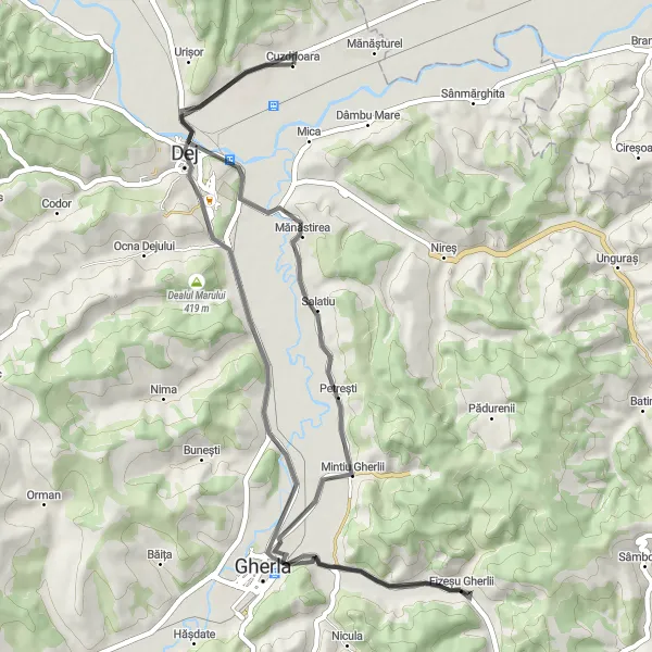 Map miniature of "Fizeșu Gherlii Loop" cycling inspiration in Nord-Vest, Romania. Generated by Tarmacs.app cycling route planner